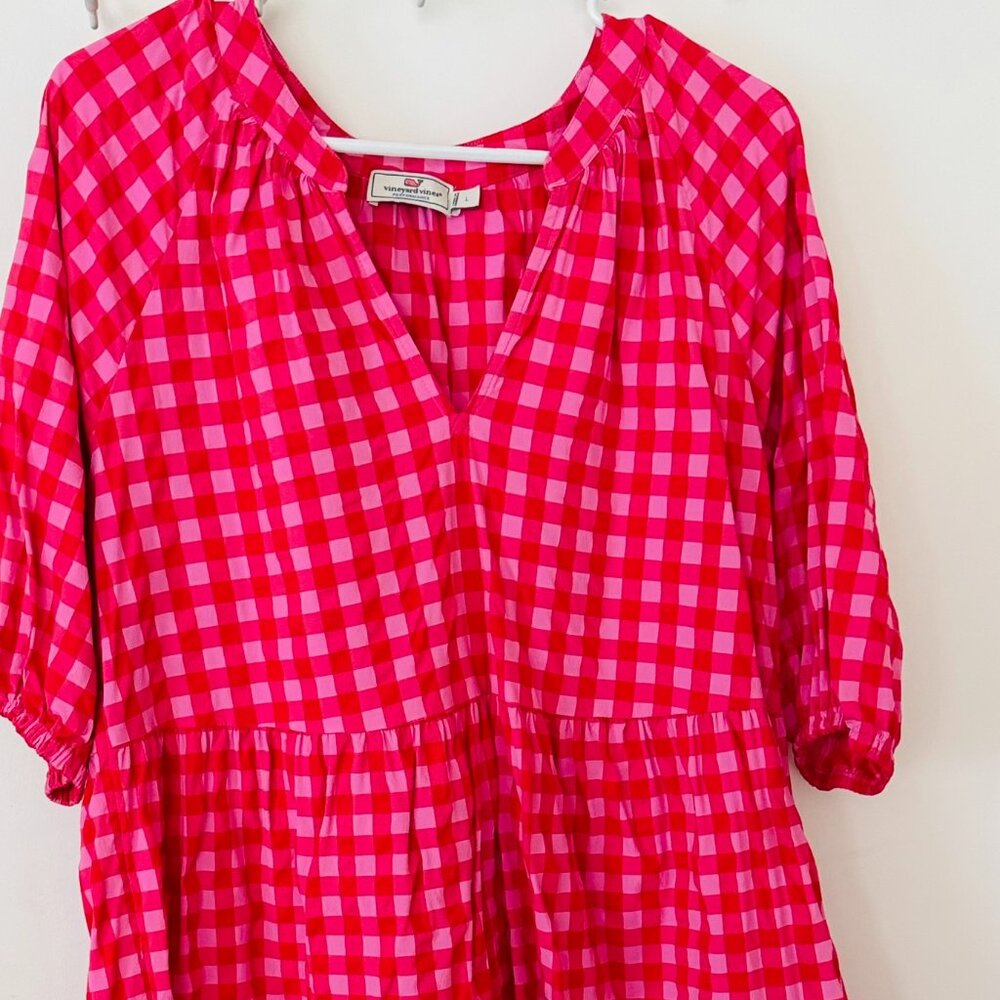 Vineyard Vines Harbor Pink Gingham Tiered Cottagecore Dress Women's Size L